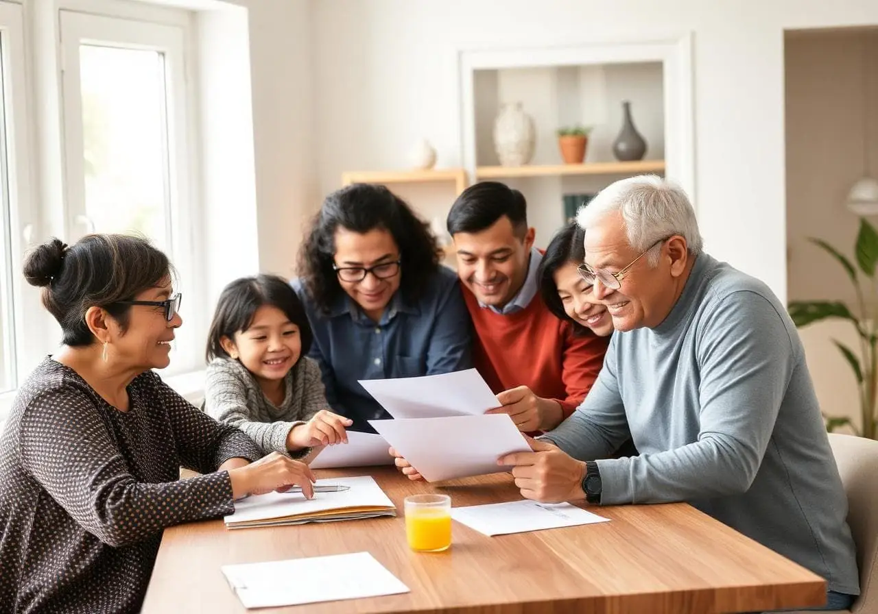 A multigenerational family reviewing documents together at home.