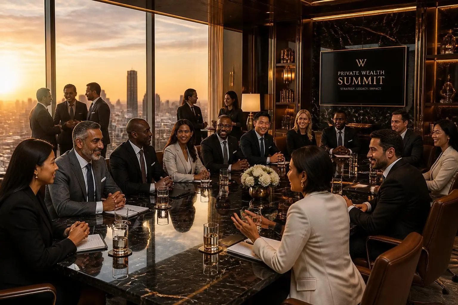 An exclusive private wealth summit at golden hour — invited guests gathered inside a grand modern boardroom.